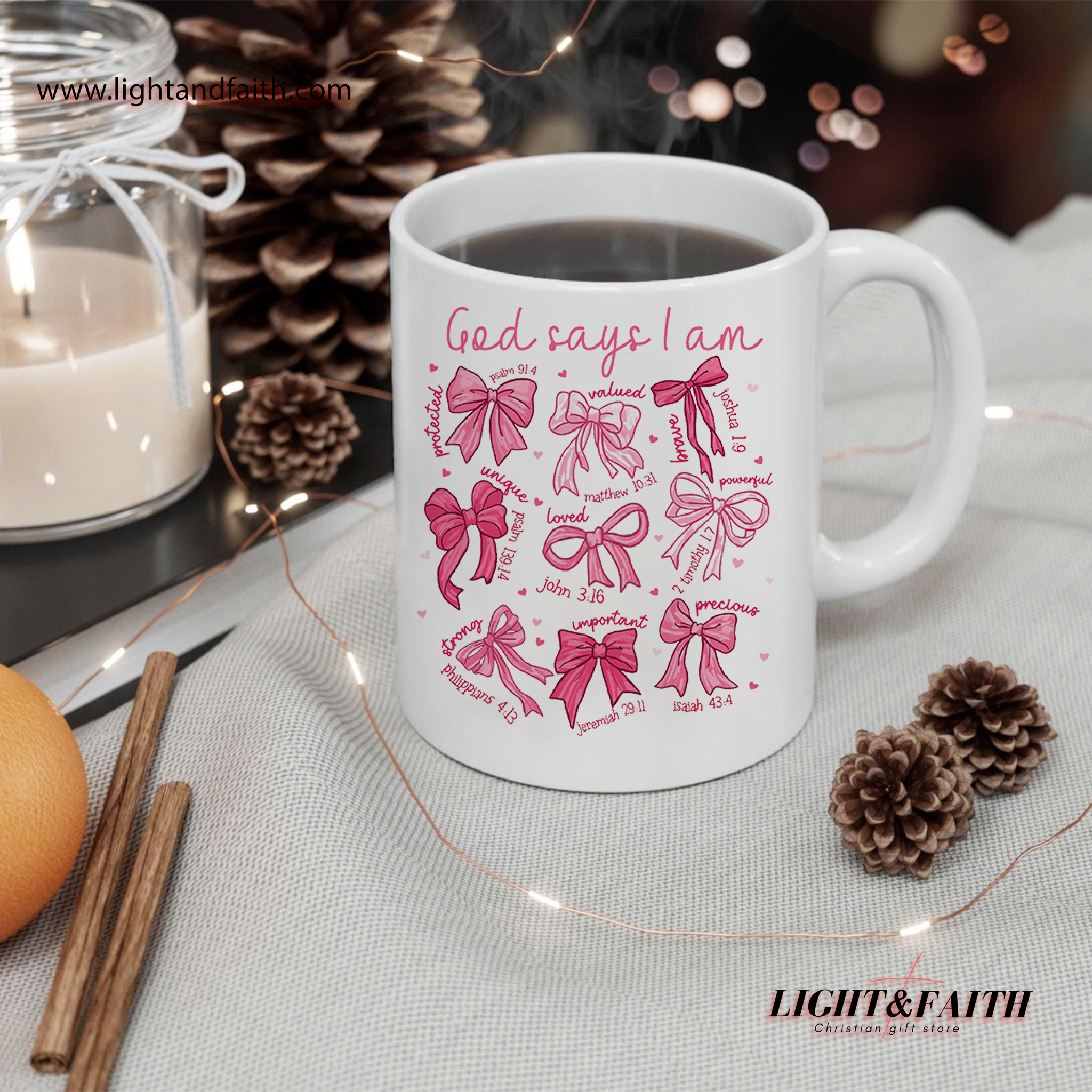 God Says I Am Mug – Christian Bible Verse Coffee Cup for Women, Scripture Affirmation Mug, Faith Gift with Pink Bow Design MULAF06